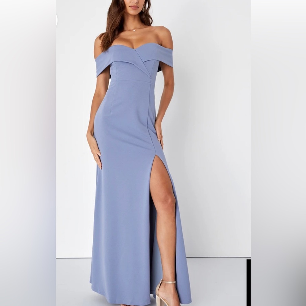 Lulu’s Song of Love Blue Grey Off-the-Shoulder Maxi Dress
